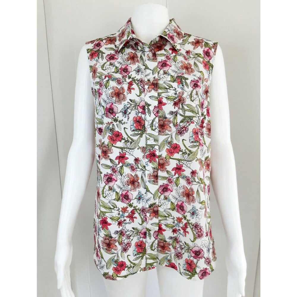 TALBOTS Sleeveless Pink Green Floral Button-Front Breast Pockets Shirt Sz LP